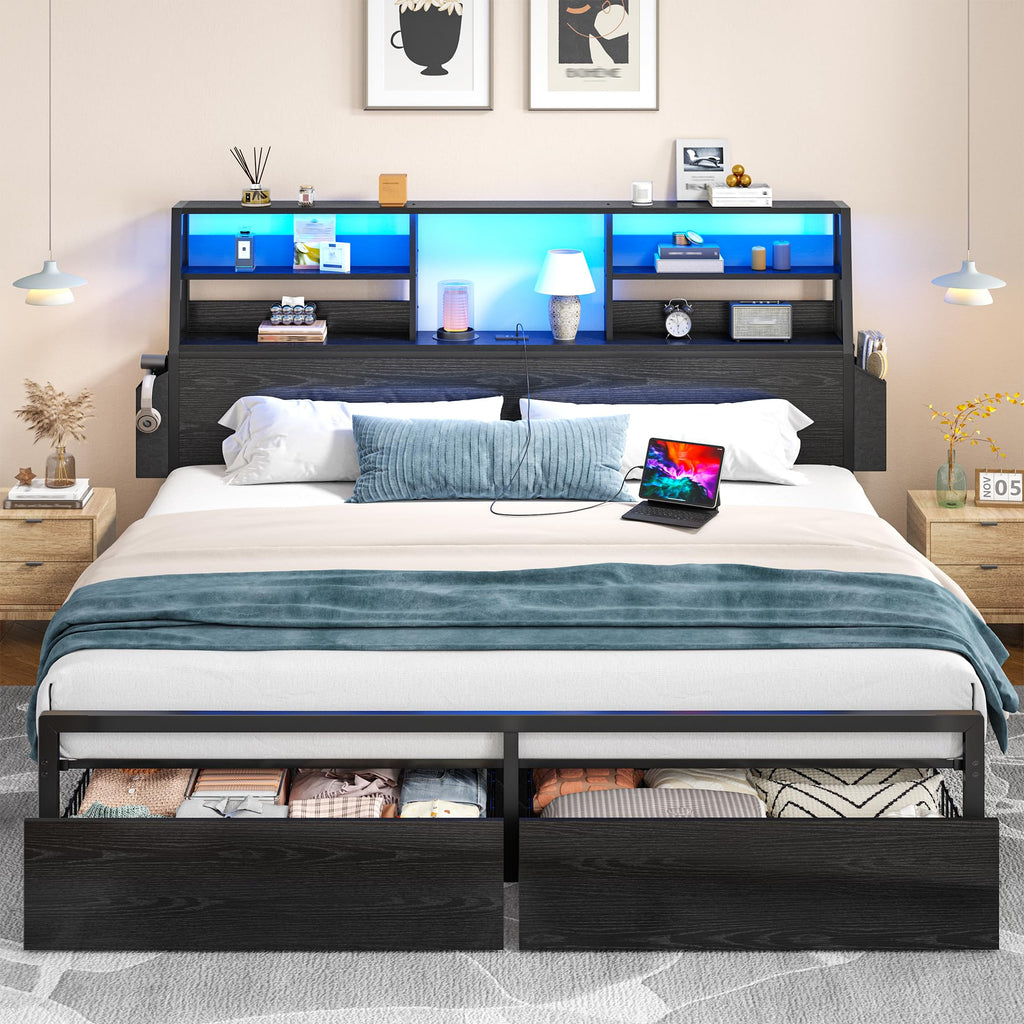 Metal Wood Platform Bed Frame with Headboard & Heavy Duty Support Slats