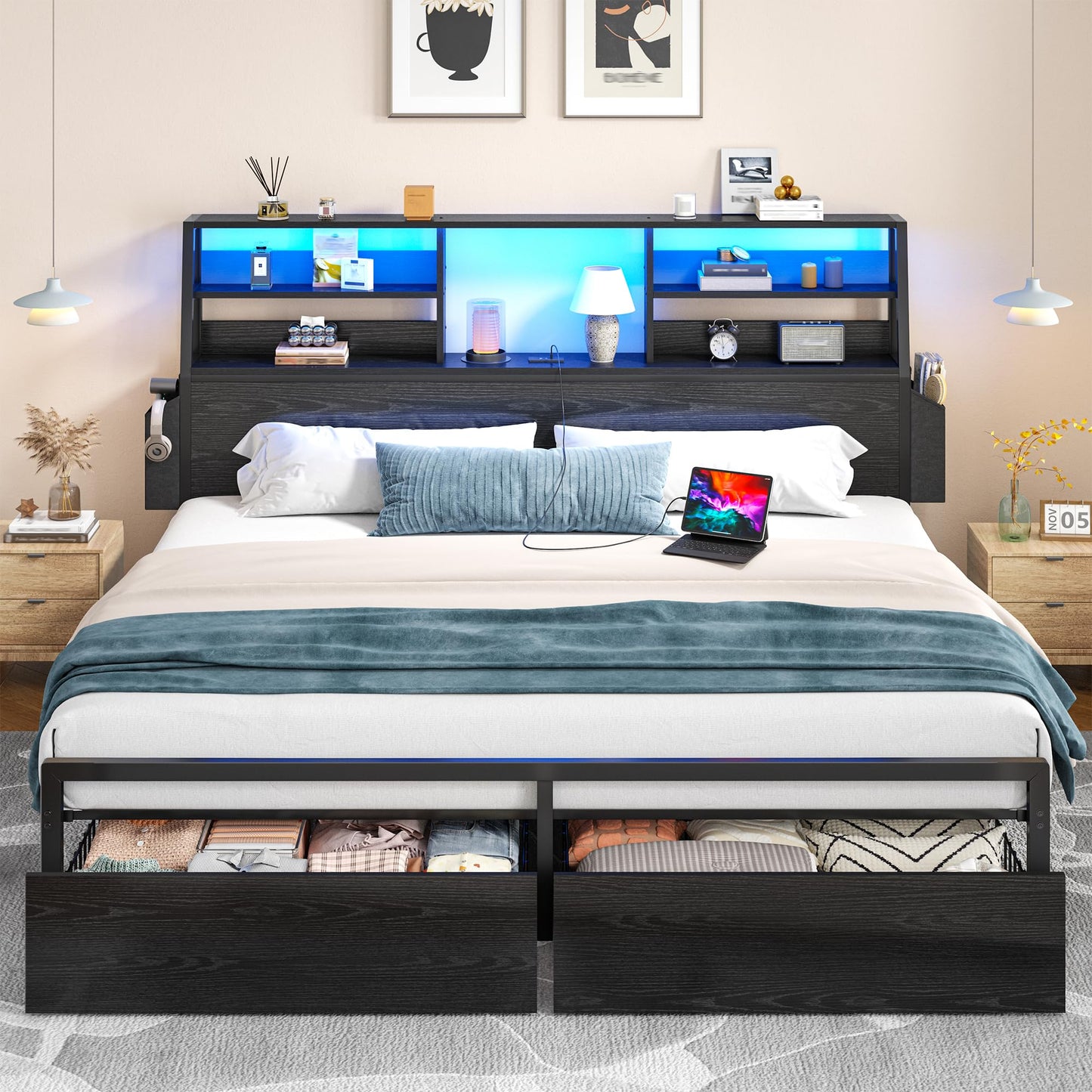 Metal Wood Platform Bed Frame with Headboard & Heavy Duty Support Slats