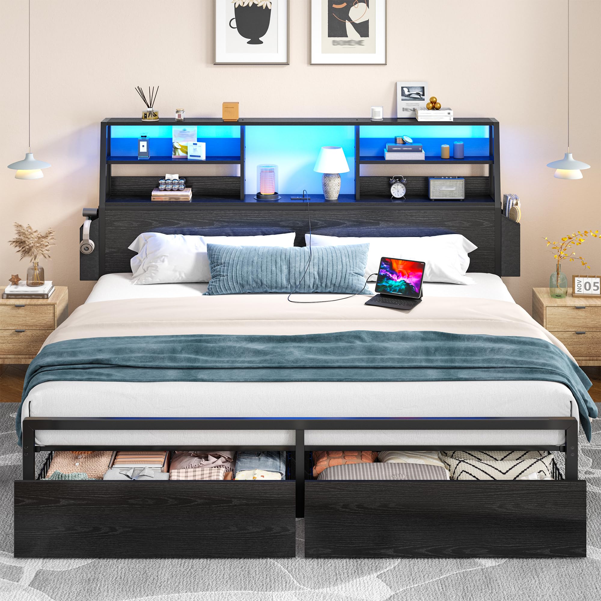 Metal Wood Platform Bed Frame with Headboard & Heavy Duty Support Slats