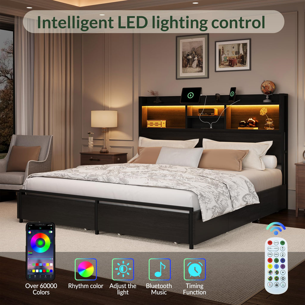 Wooden Platform Bed Frame with Storage Drawers, LED Headboard & Charging Station