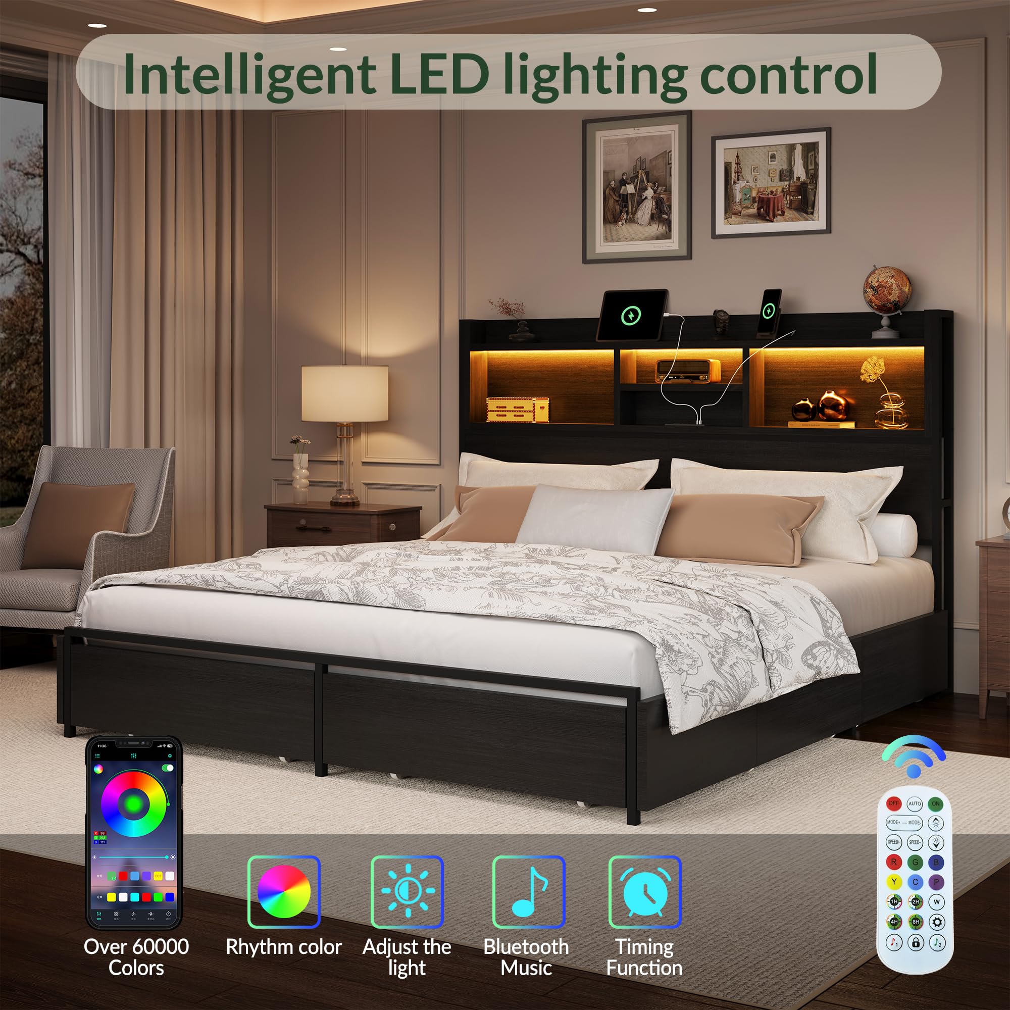 Wooden Platform Bed Frame with Storage Drawers, LED Headboard & Charging Station