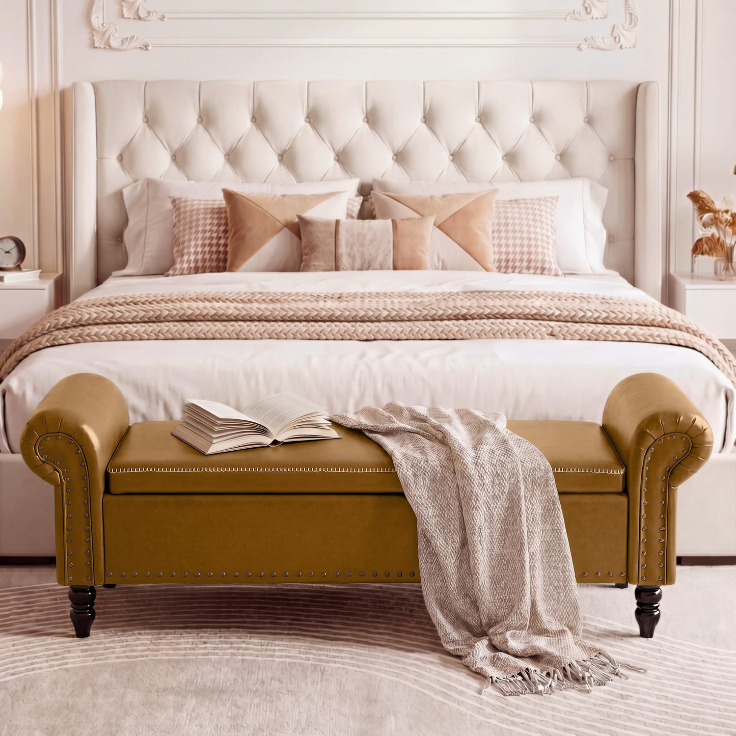 FiveWillowise 65 Inch Faux Leather Bedroom Bench with Storage