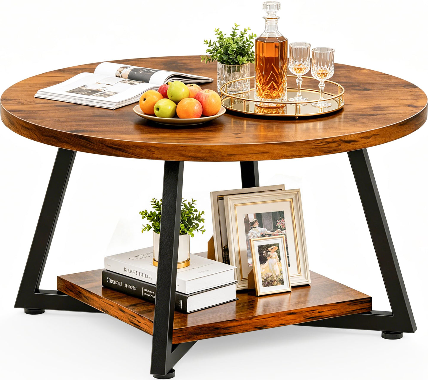 Round Coffee Table with Metal Frame for Living Room & Office