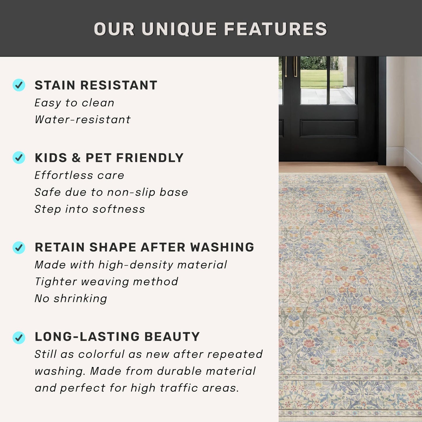 Vintage Washable Area Rug with Non-Slip Low Pile Design for Home Decor