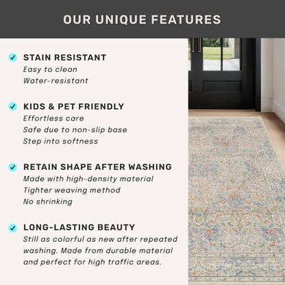 Vintage Washable Area Rug with Non-Slip Low Pile Design for Home Decor