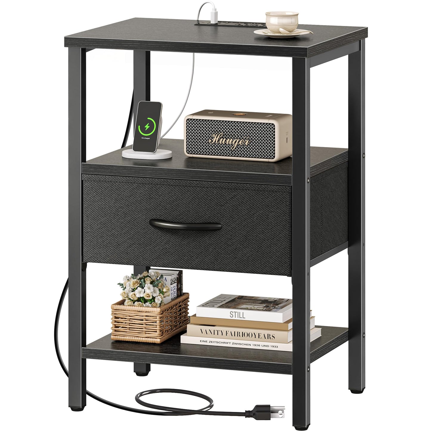 Nightstand with Charging Station and Adjustable Fabric Drawer