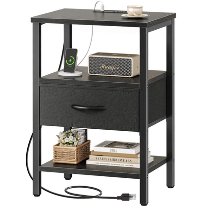 Nightstand with Charging Station and Adjustable Fabric Drawer