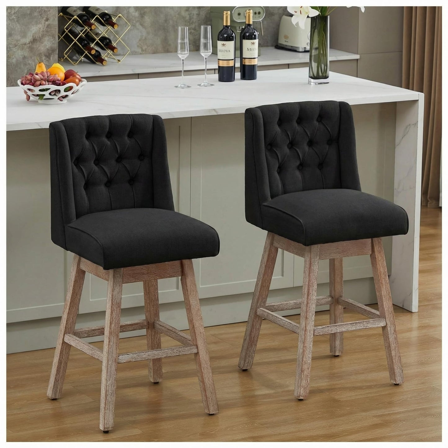 Modern Linen Upholstered Counter Height Bar Stools with Swivel & Wood Legs