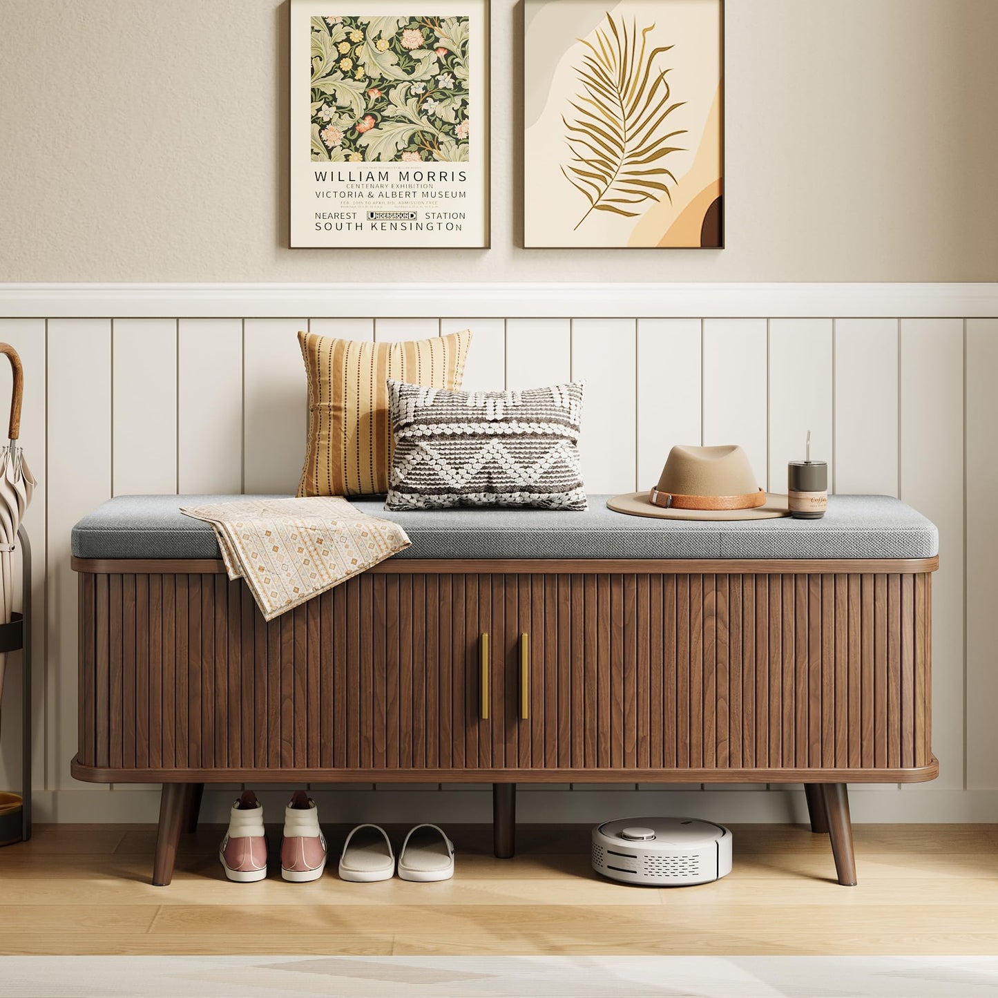 Decofy Storage Bench with Cushion and Sliding Doors