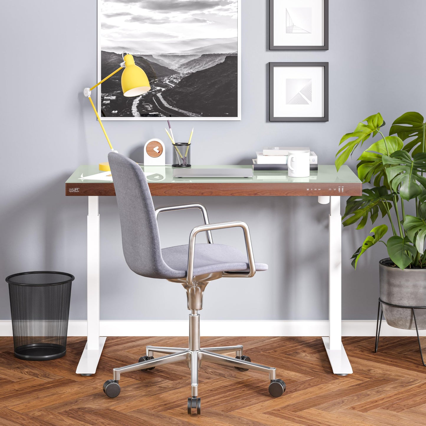 Seville Classics Airlift Electric Height Adjustable Desk with Tempered Glass Top