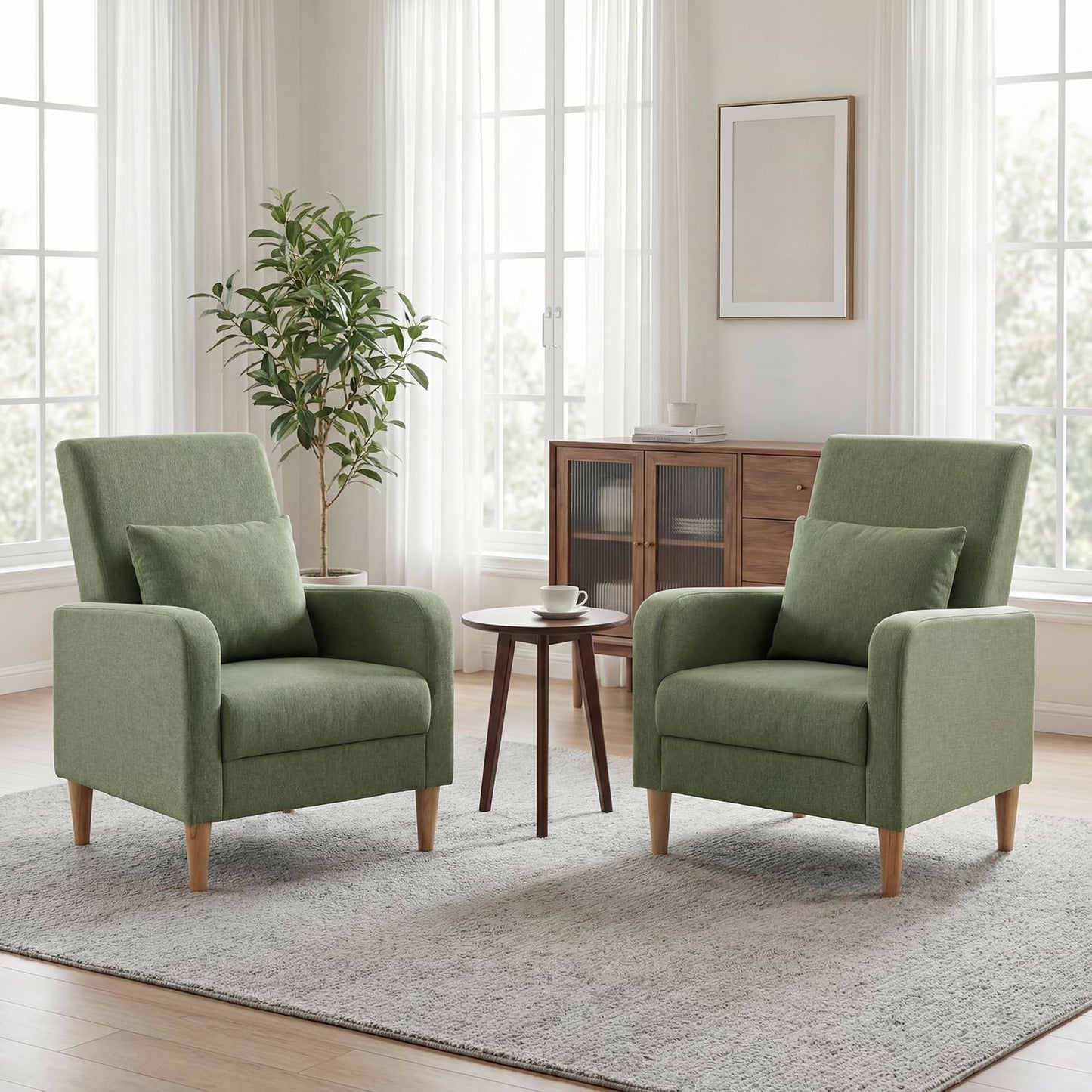Mid Century Modern Upholstered Accent Chair with Wood Legs & Pillow