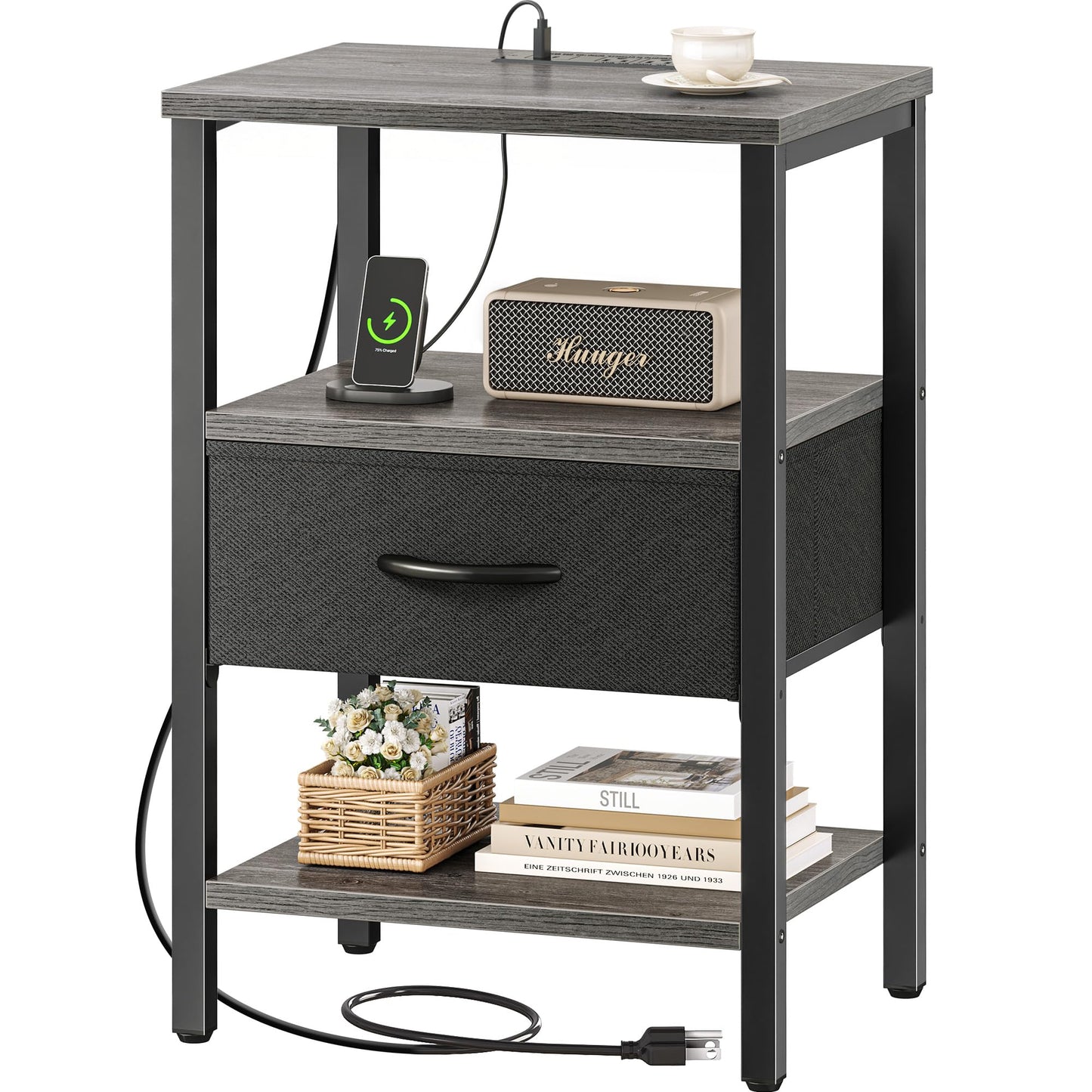 Nightstand with Charging Station and Adjustable Fabric Drawer