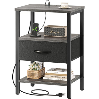 Nightstand with Charging Station and Adjustable Fabric Drawer