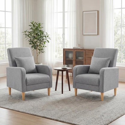 Mid Century Modern Upholstered Accent Chair with Wood Legs & Pillow