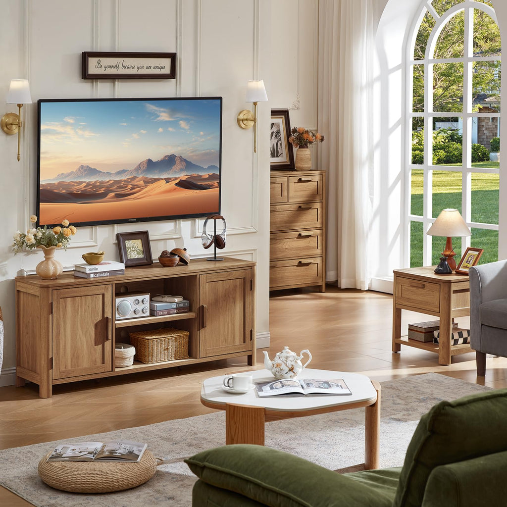 Farmhouse TV Stand with Adjustable Shelves for Living Room Storage
