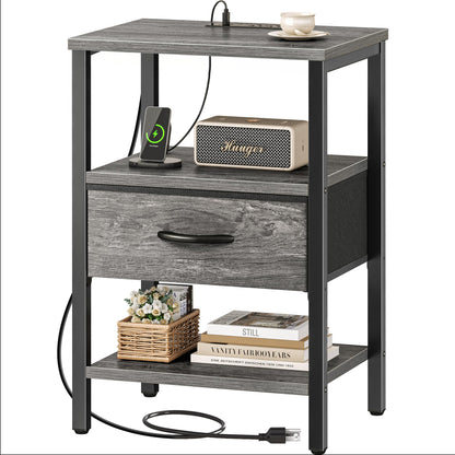 Nightstand with Charging Station and Adjustable Fabric Drawer