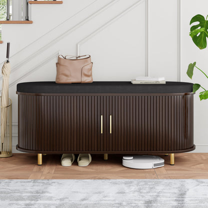 2-Tier Shoe Storage Bench with Padded Seat & Fluted Sliding Doors for Entryway