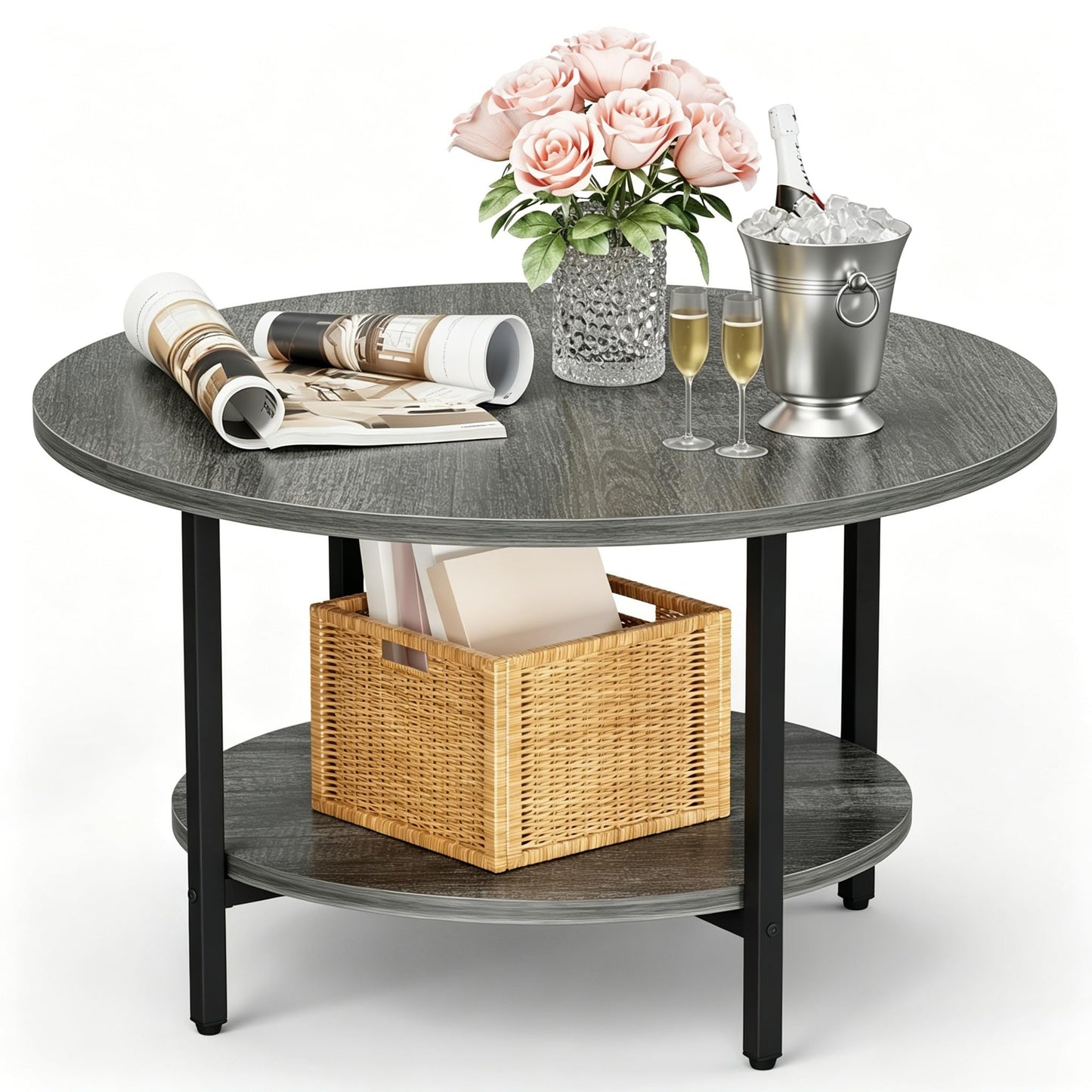 Round Coffee Table with Metal Frame for Living Room & Office