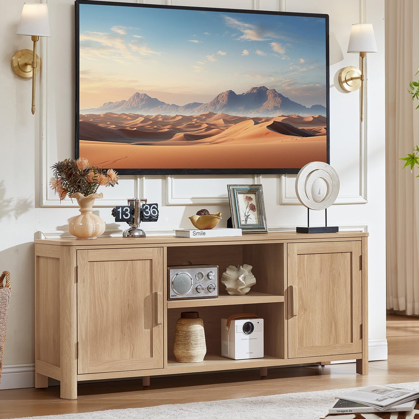 Farmhouse TV Stand with Adjustable Shelves for Living Room Storage