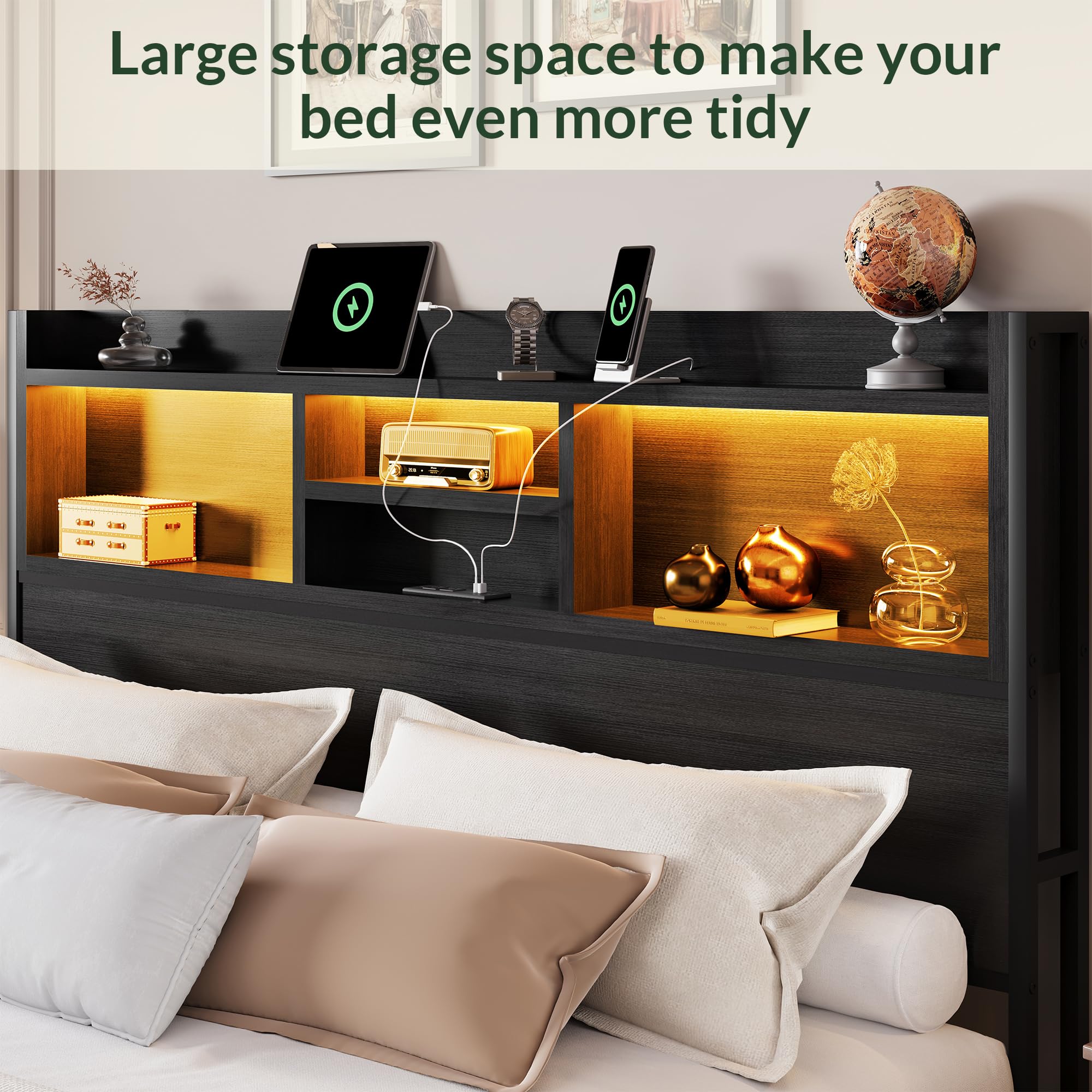 Wooden Platform Bed Frame with Storage Drawers, LED Headboard & Charging Station