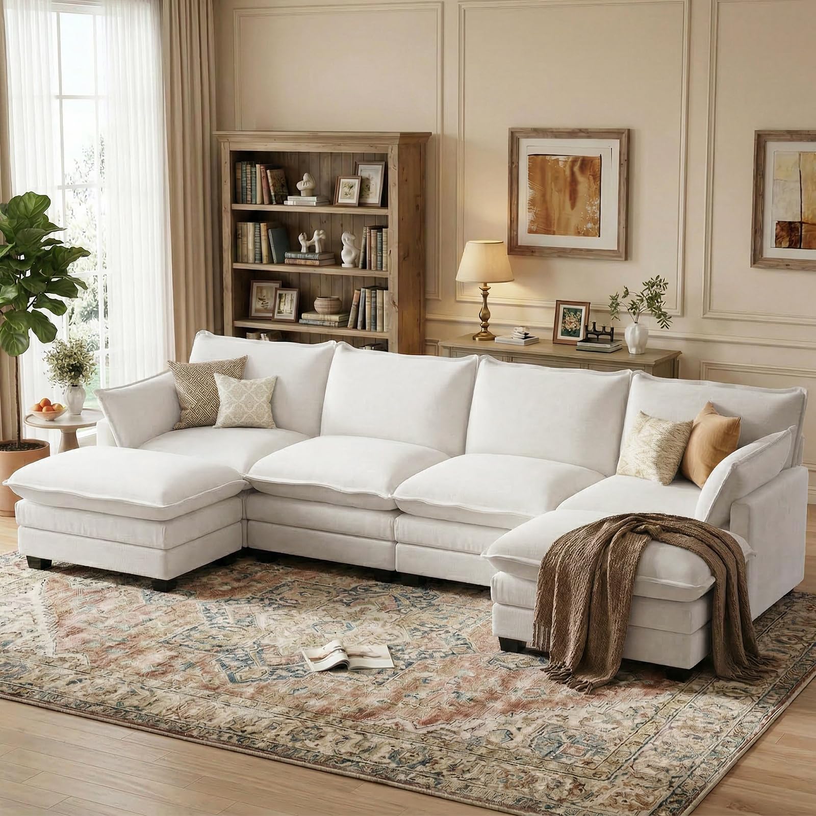 U Shaped Modular Sectional Sofa with Movable Ottoman & Pillows