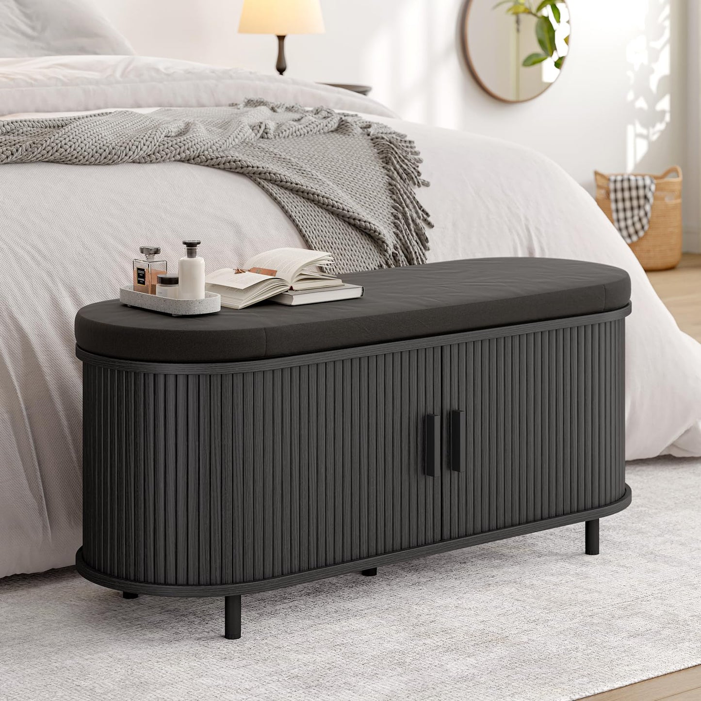 Fluted Shoe Storage Bench with Cushion, Sliding Door & Adjustable Shelf for Entryway