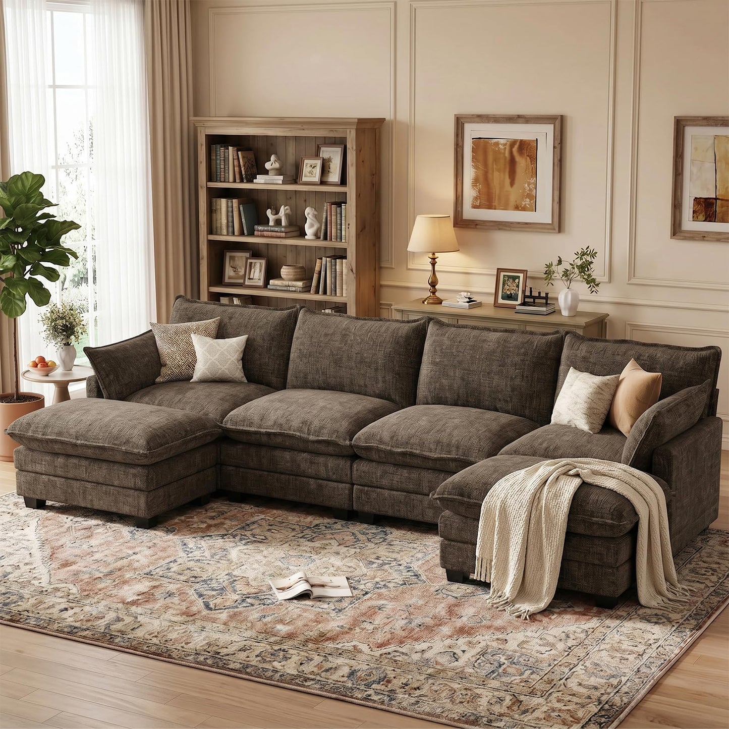 U Shaped Modular Sectional Sofa with Movable Ottoman & Pillows
