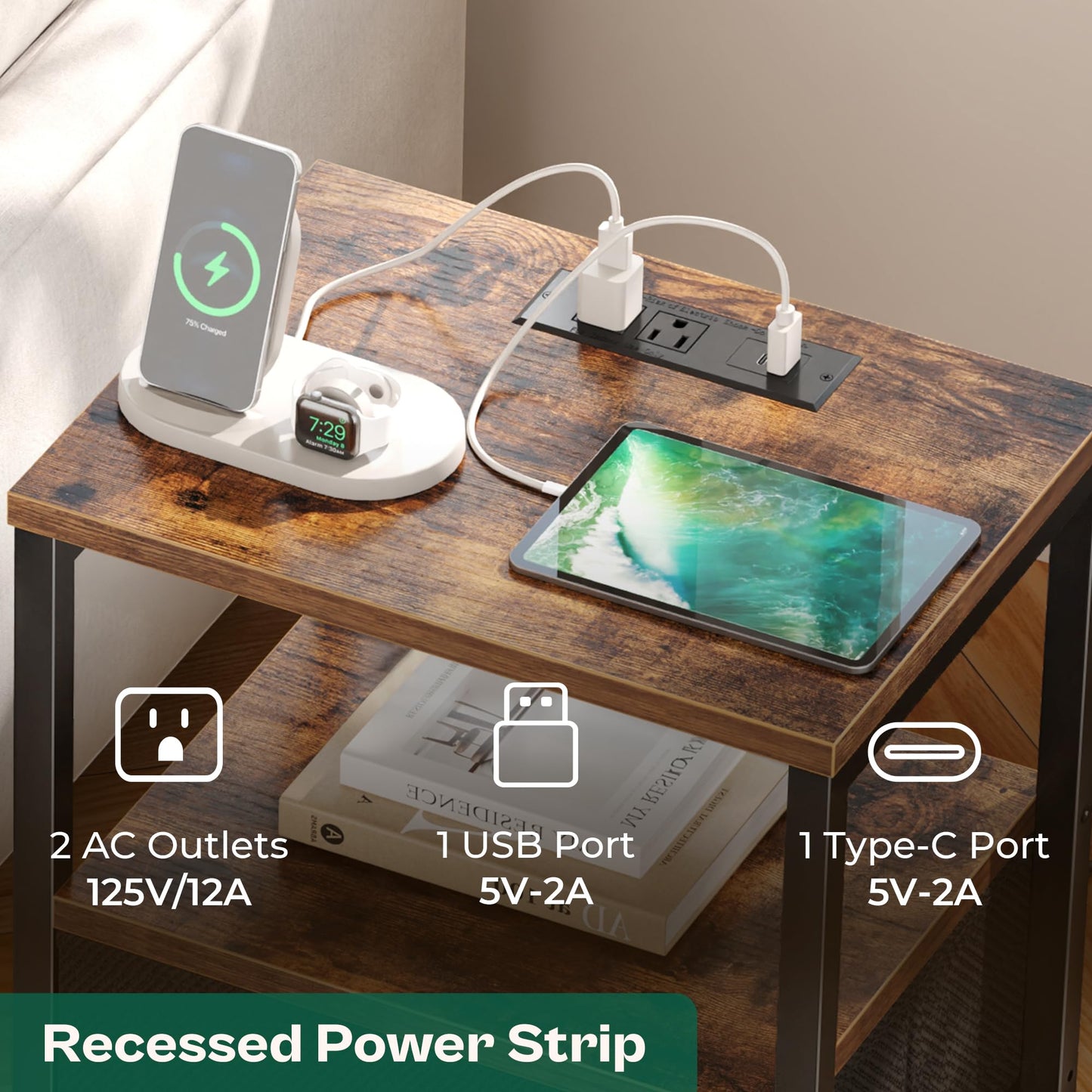 Nightstand Set with Charging Station, USB Ports & Fabric Drawers