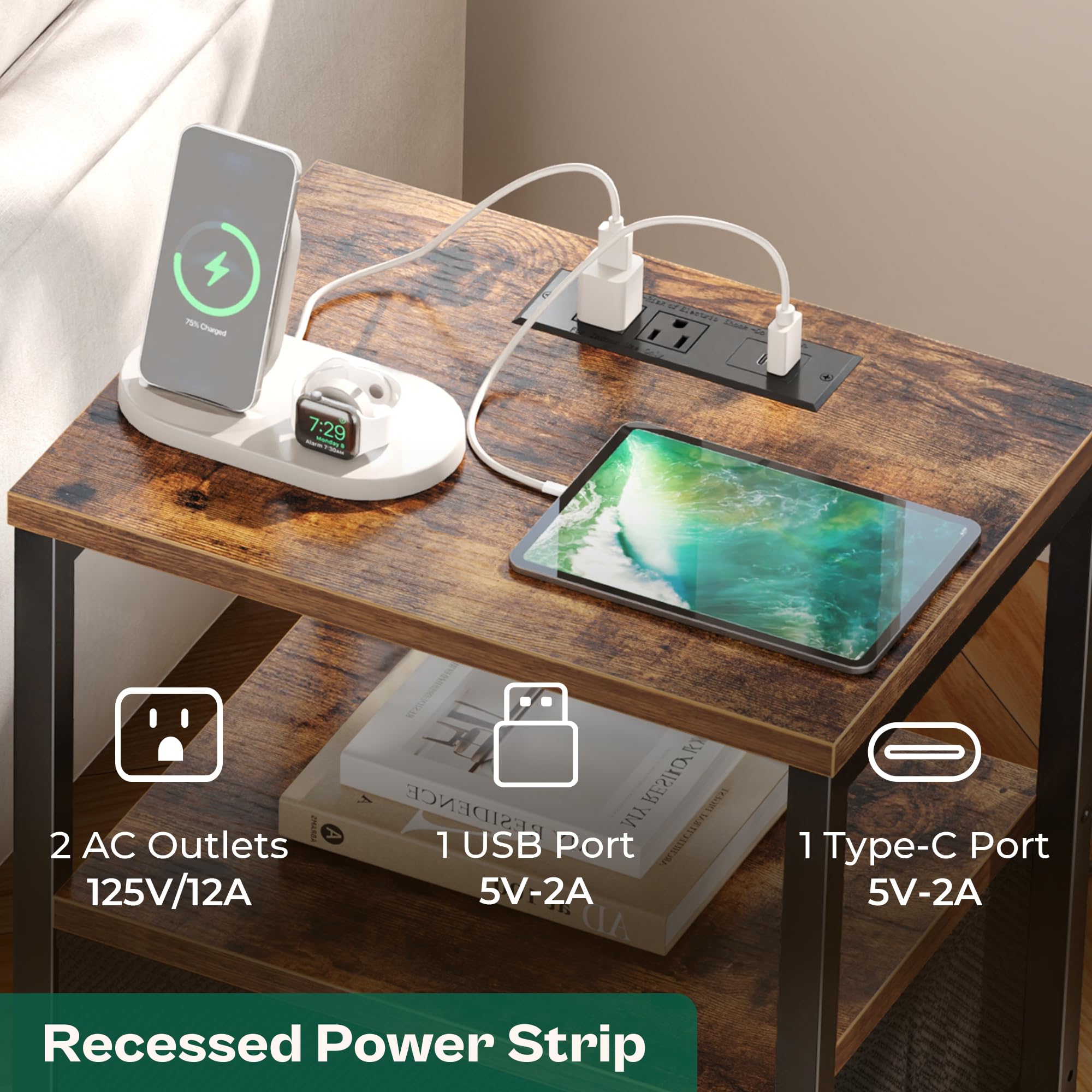 Nightstand Set with Charging Station, USB Ports & Fabric Drawers