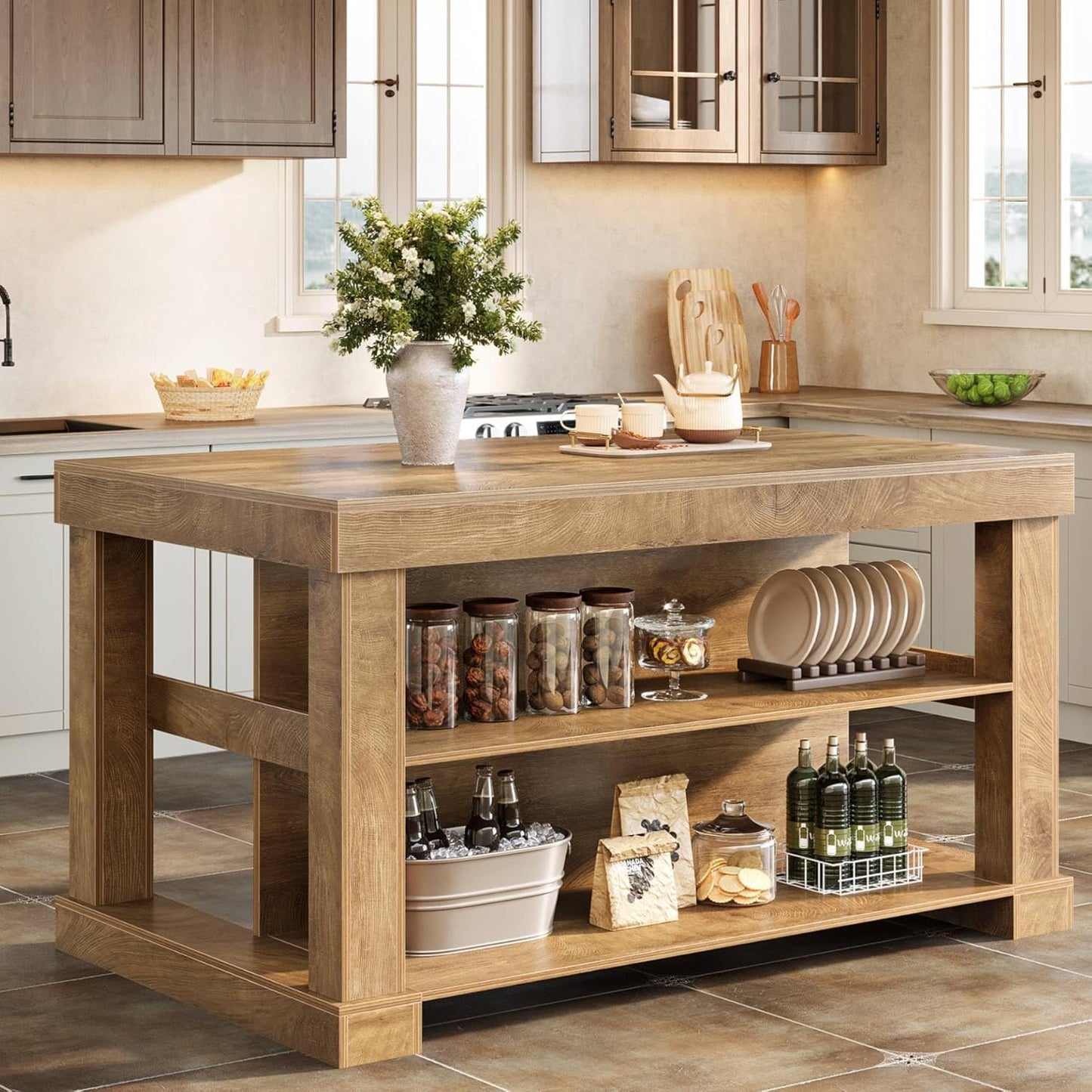 Farmhouse Kitchen Island with Storage Shelves and Large Worktop