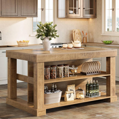 Farmhouse Kitchen Island with Storage Shelves and Large Worktop
