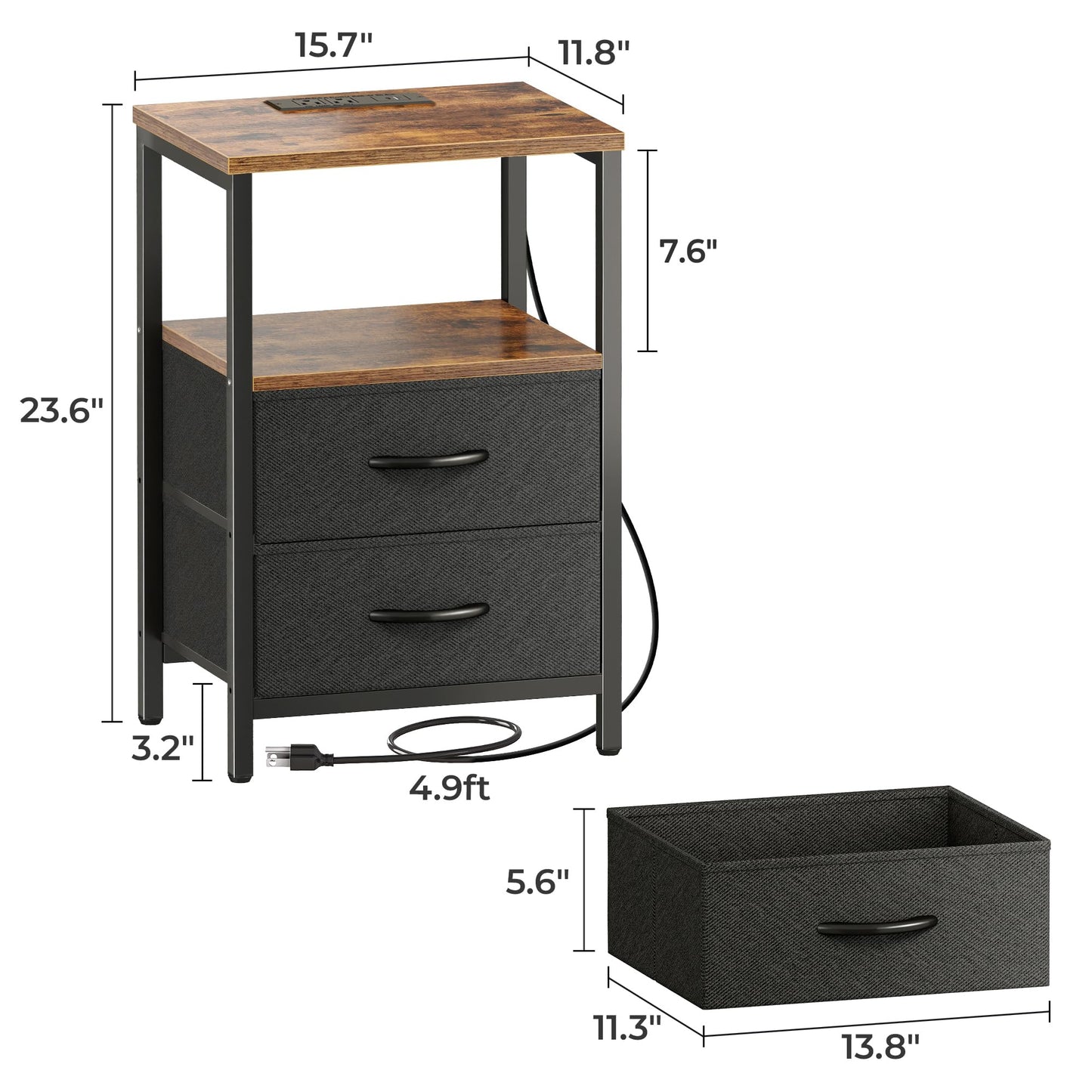 Nightstand Set with Charging Station, USB Ports & Fabric Drawers
