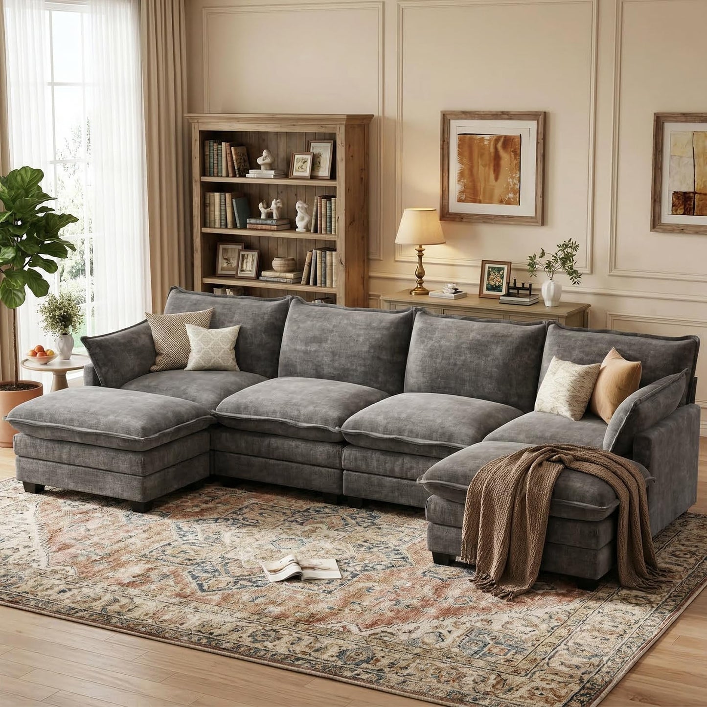 U Shaped Modular Sectional Sofa with Movable Ottoman & Pillows
