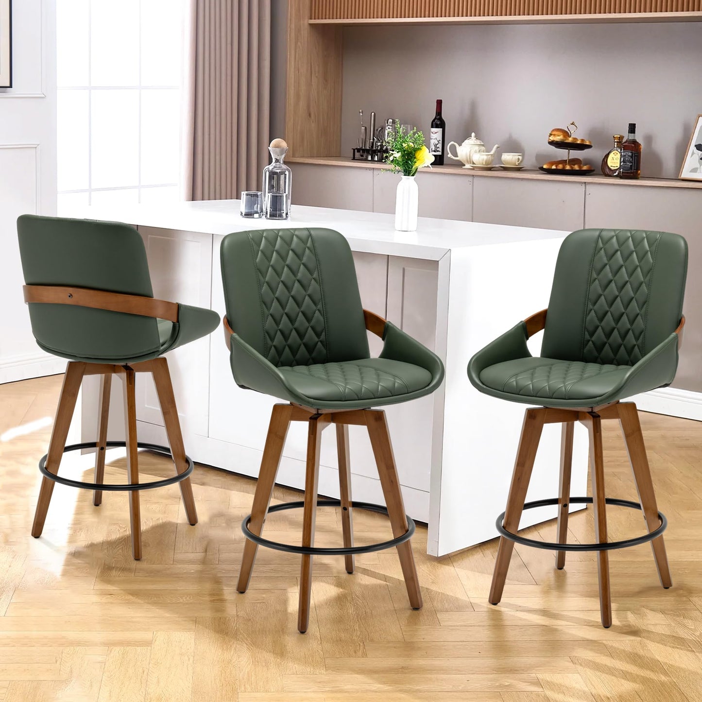 Mid Century Modern Swivel Bar Stools with Faux Leather Upholstery & Walnut Legs