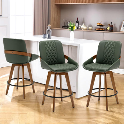 Mid Century Modern Swivel Bar Stools with Faux Leather Upholstery & Walnut Legs