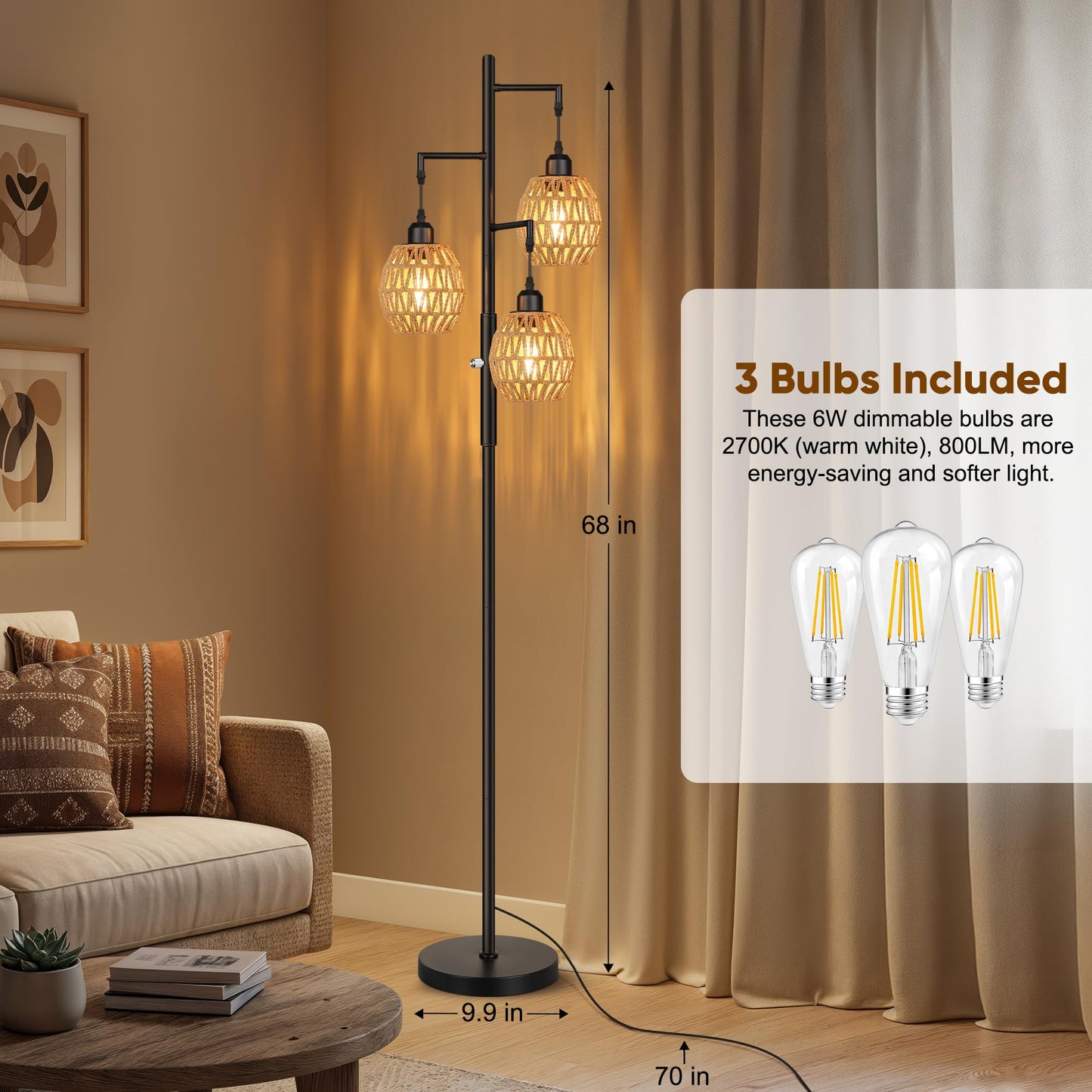 Dimmable Boho Floor Lamp with Rattan Shade for Living Room Decor