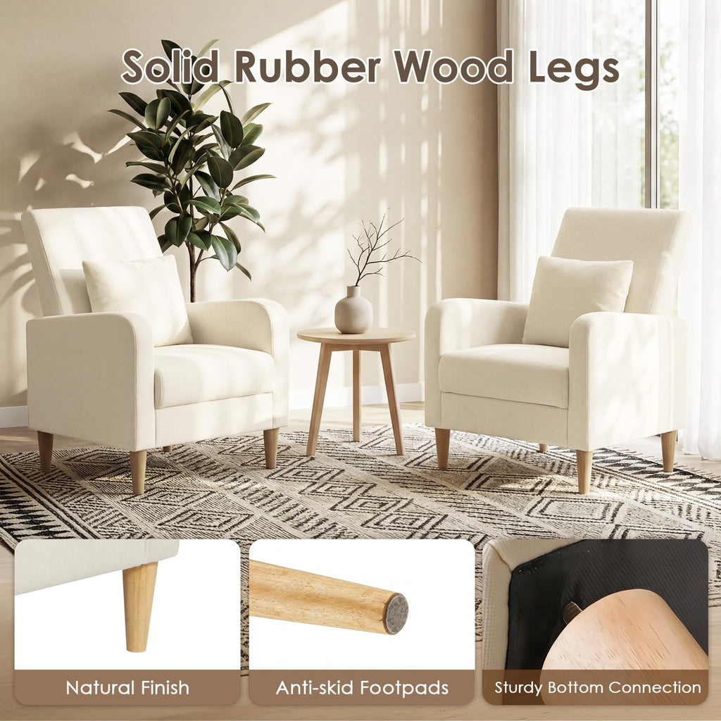 Mid Century Modern Upholstered Accent Chair with Wood Legs & Pillow