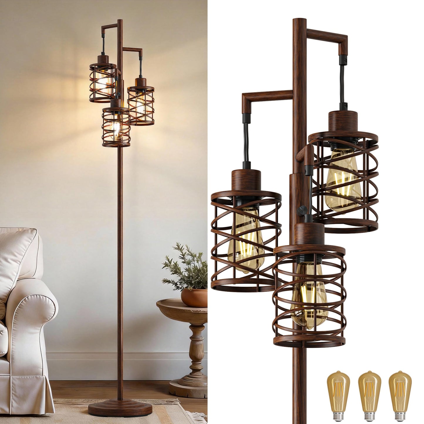 Industrial Boho Tall Floor Lamp for Living Room, Bedroom & Office