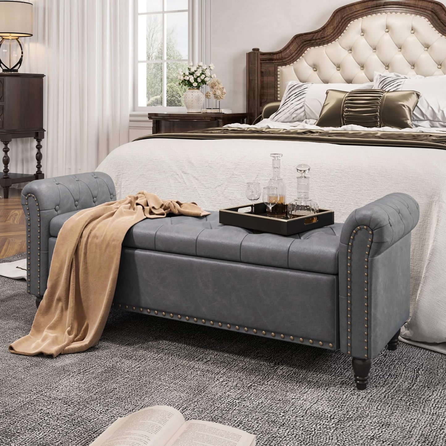 FiveWillowise 65 Inch Faux Leather Bedroom Bench with Storage