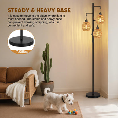 Dimmable Boho Floor Lamp with Rattan Shade for Living Room Decor