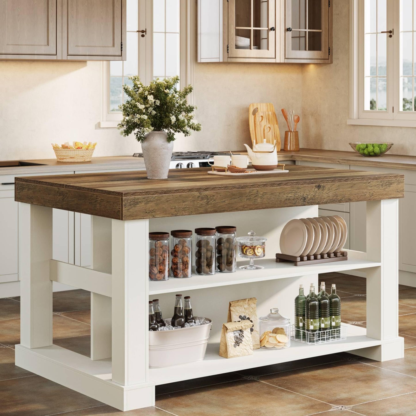 Farmhouse Kitchen Island with Storage Shelves and Large Worktop