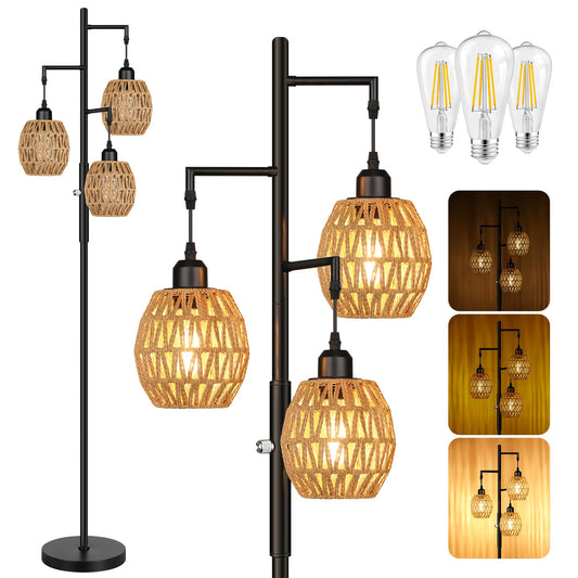 Dimmable Boho Floor Lamp with Rattan Shade for Living Room Decor