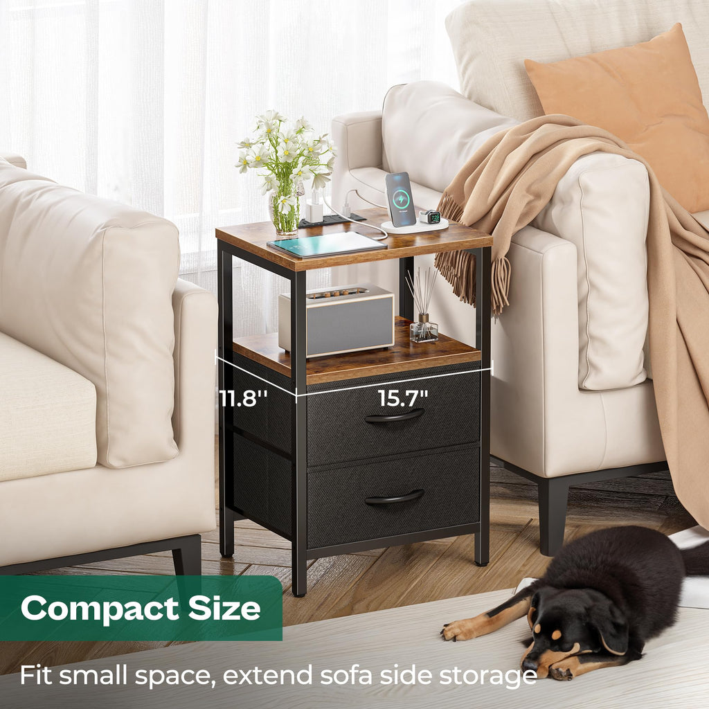 Nightstand Set with Charging Station, USB Ports & Fabric Drawers