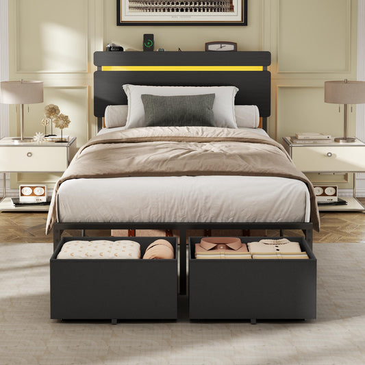 Forestell Bed Frame with Headboard, Platform Bed with 4 Storage Drawers