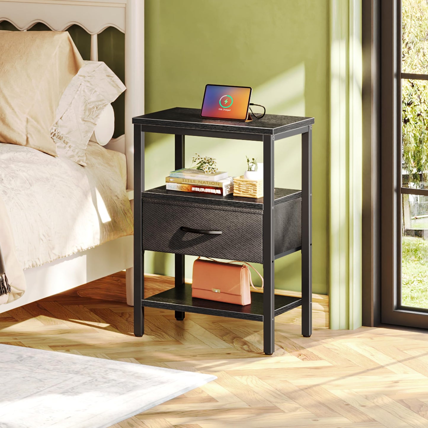 Nightstand with Charging Station and Adjustable Fabric Drawer