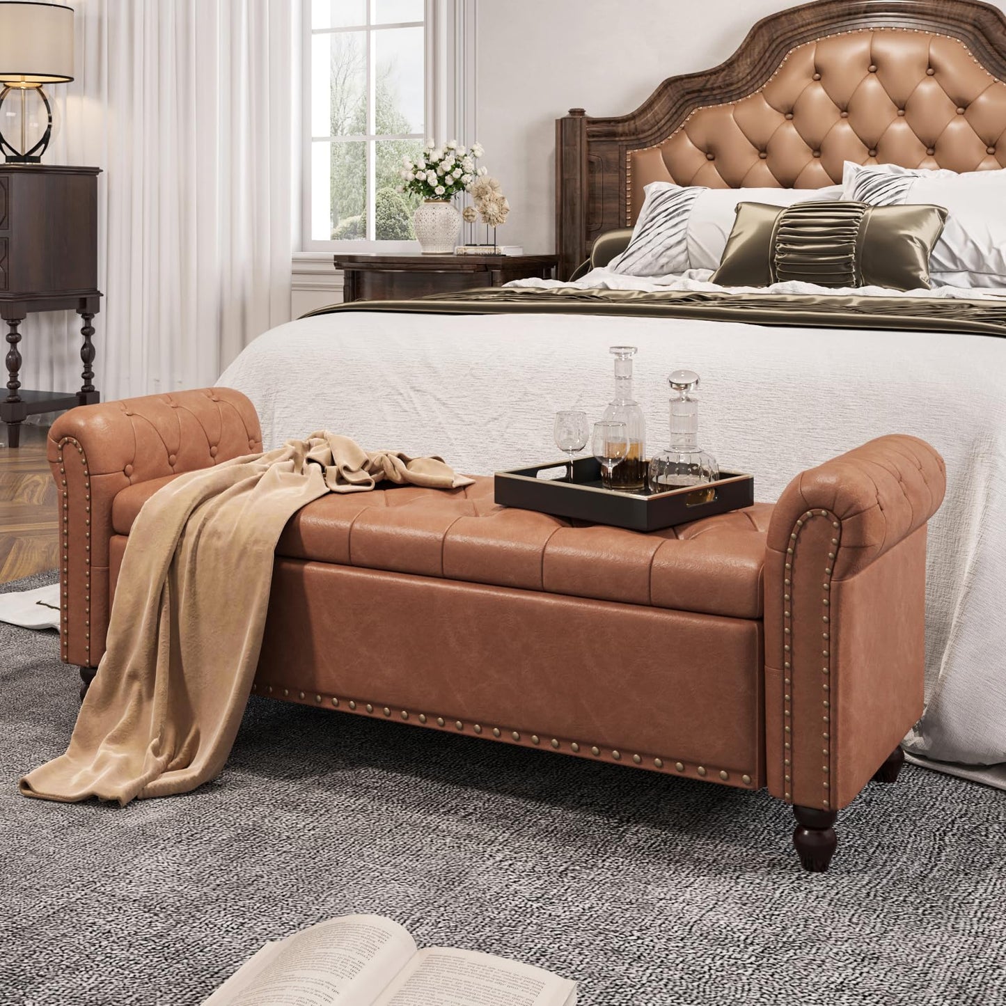 FiveWillowise 65 Inch Faux Leather Bedroom Bench with Storage