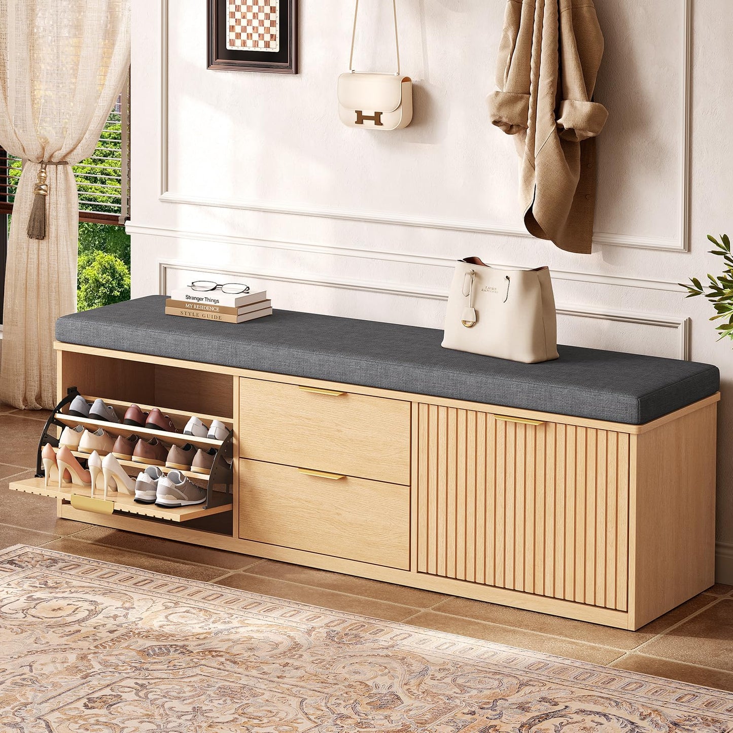 2-Tier Shoe Storage Bench with Drawer, Cushion & Adjustable Shelf for Entryway