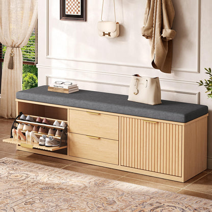 2-Tier Shoe Storage Bench with Drawer, Cushion & Adjustable Shelf for Entryway