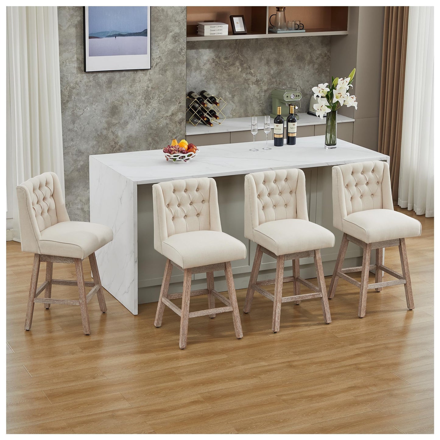 Modern Linen Upholstered Counter Height Bar Stools with Swivel & Wood Legs