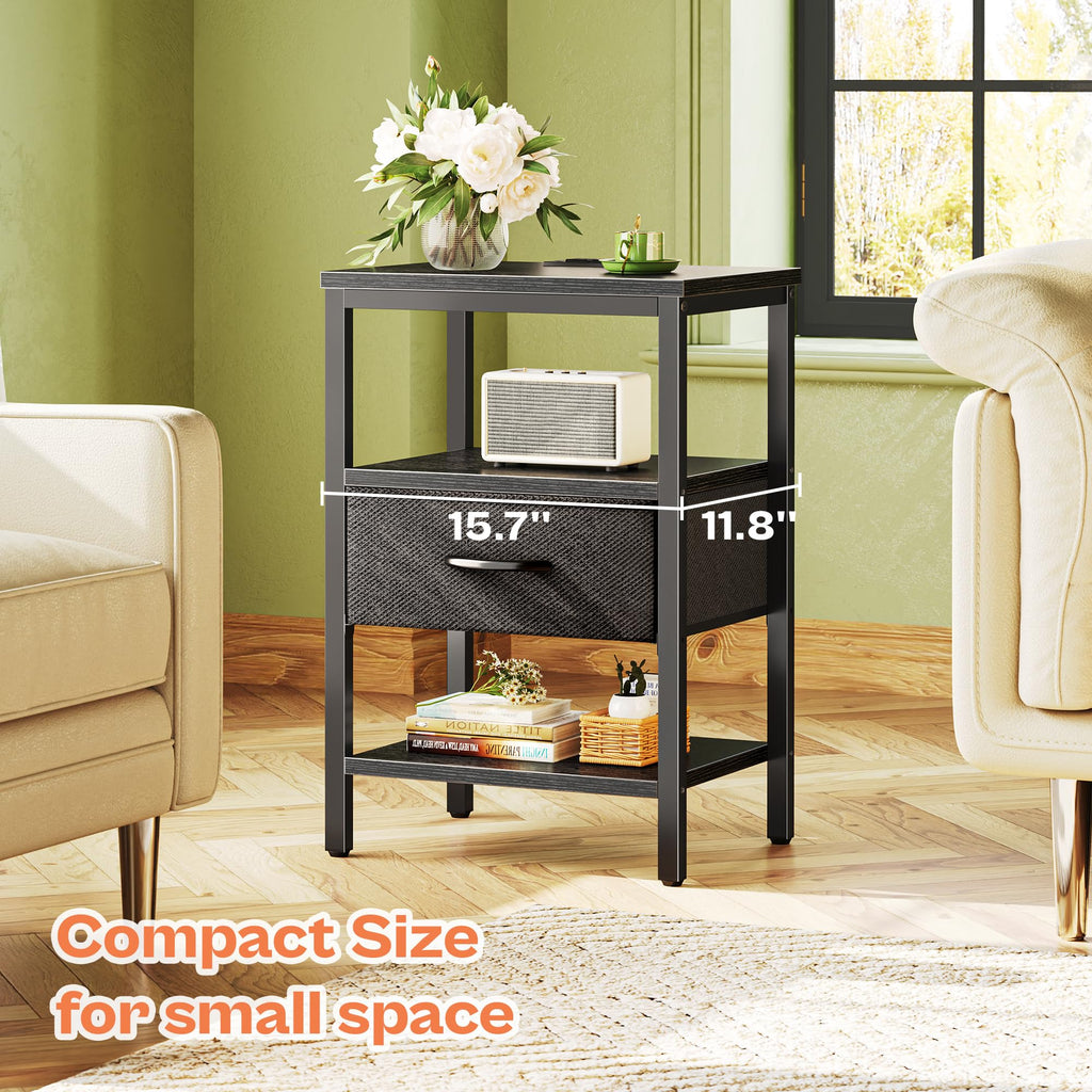 Nightstand with Charging Station and Adjustable Fabric Drawer